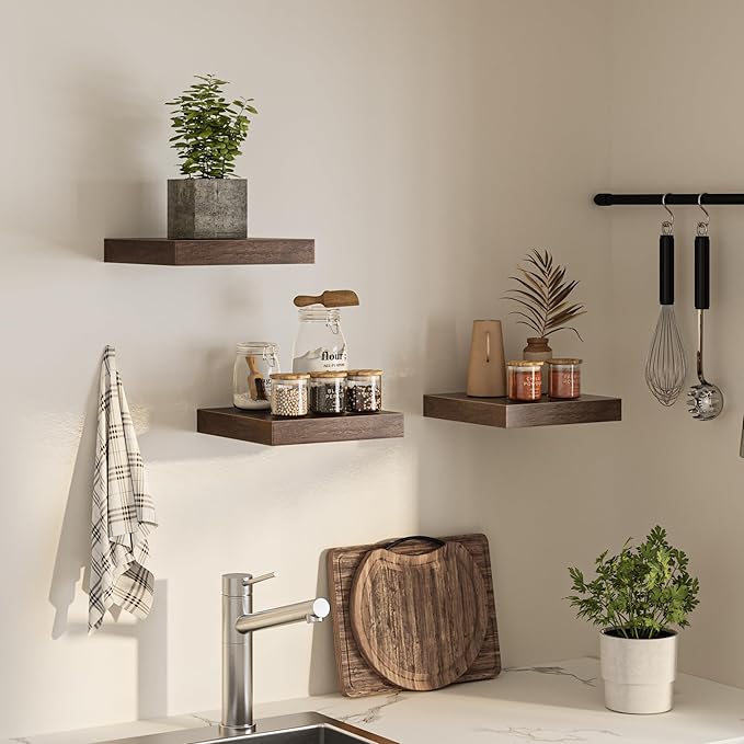 Square Floating Shelves for Wall, 12" W x 12" D x 1.2" H, Small Wooden Wall Mounted Display Shelves with Invisible Brackets for Living Room, Bedroom, Bathroom, Kitchen Decor, Set of 3, Walnut-Ruum Studio Home