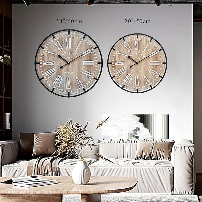 24 Inch Grand Farmhouse Wall Clock, Vintage-Inspired Wood & Metal Design with Large Etched Numbers, Silent Battery-Powered Timepiece for Offices, Kitchens, Bedrooms, and Living Rooms-Ruum Studio Home