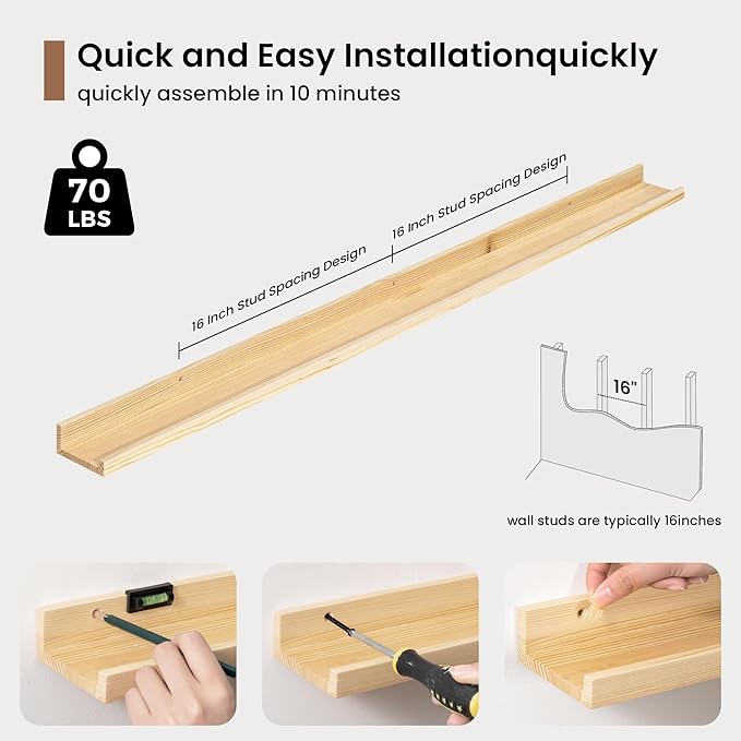 Picture Ledge Shelf, Solid Pine Wood Floating Shelves Set of 2, 48 Inches Nursery Book Shelves for Toys Storage, Kids Bookshelf Wall Mounted for Living Room Decor Photo Frames, Unfinished Natural-Ruum Studio Home