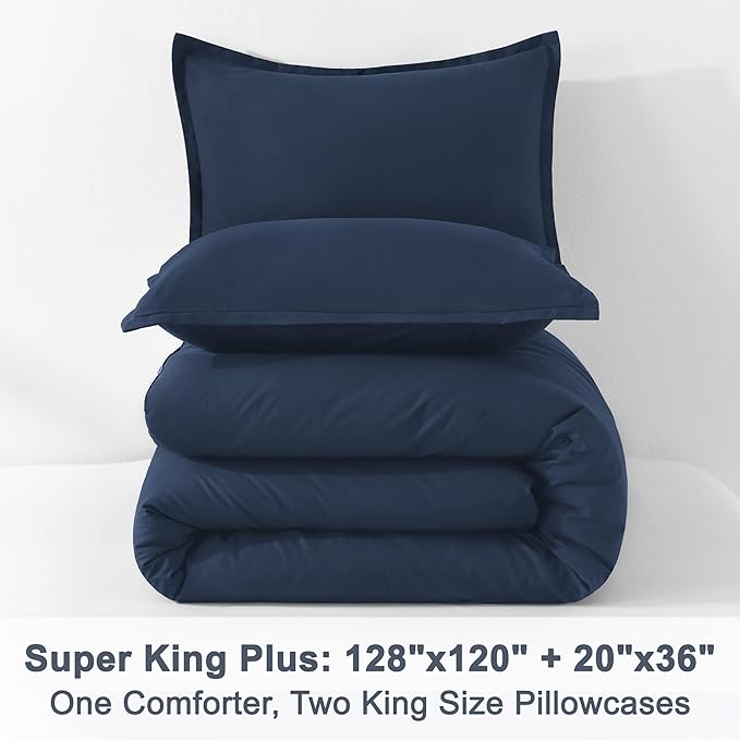 Litanika Navy Blue Oversized King Comforter Set Super King Plus Size, 3 Pieces Lightweight Solid Bedding Comforter Set, All Season Fluffy Bed Set (128x120In Comforter & 2 Pillowcases)-Ruum Studio Home