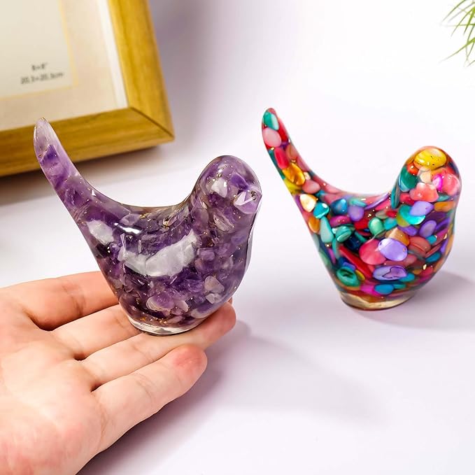Crystal Bird Figurines, Resin Animal Statues, Miniature Decorative Gravel Birds, Home Decor (2PCS-Purple+Colorful)-Ruum Studio Home