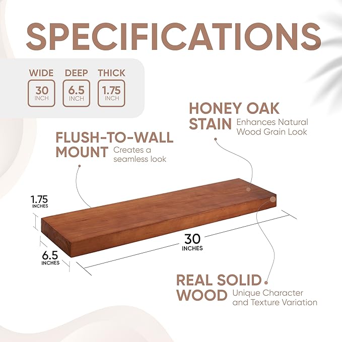 Homeforia Oak Floating Shelves 30 inch Long, High End Solid Real Wood 30inch Floating Shelf for Wall Mounted, Honey Oak Wooden 30in Floating Shelves, Heavy Duty Bracket, 30 X 6.5 X 1.75 in, Set of 2-Ruum Studio Home