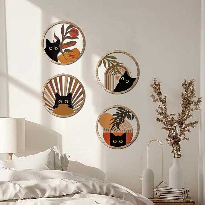 RETRART Boho Black Cat Wall Art Black Cat Room Decor Aesthetic, 4-Piece Farmhouse Geometric Wooden Cat Wall Decor Mid-Century Bohemian Moon Sun Design for Nursery, Bedroom Perfect Cat Lover Gifts-Ruum Studio Home