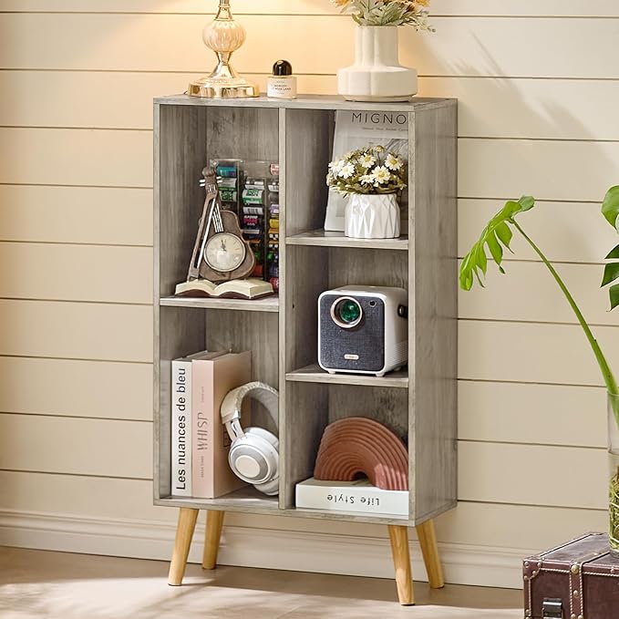 5 Cube Small Bookshelf,3 Tier Mid-Century Modern Bookcase with Legs,Wood Bookshelves Storage Organizer Shelf,Free Standing Narrow Book Shelves,Rustic Grey Corner Bookcases for Bedroom,Living Room-Ruum Studio Home