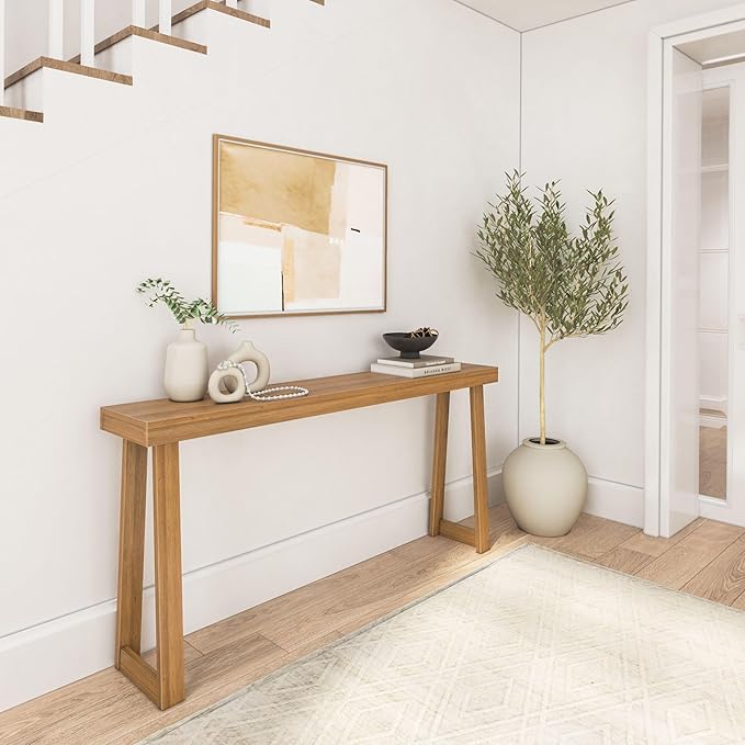 Plank+Beam Solid Wood Console Table, 66 Inch, Sofa Table, Narrow Entryway Table for Hallway, Behind The Couch, Living Room, Foyer, Easy Assembly, Pecan-Ruum Studio Home