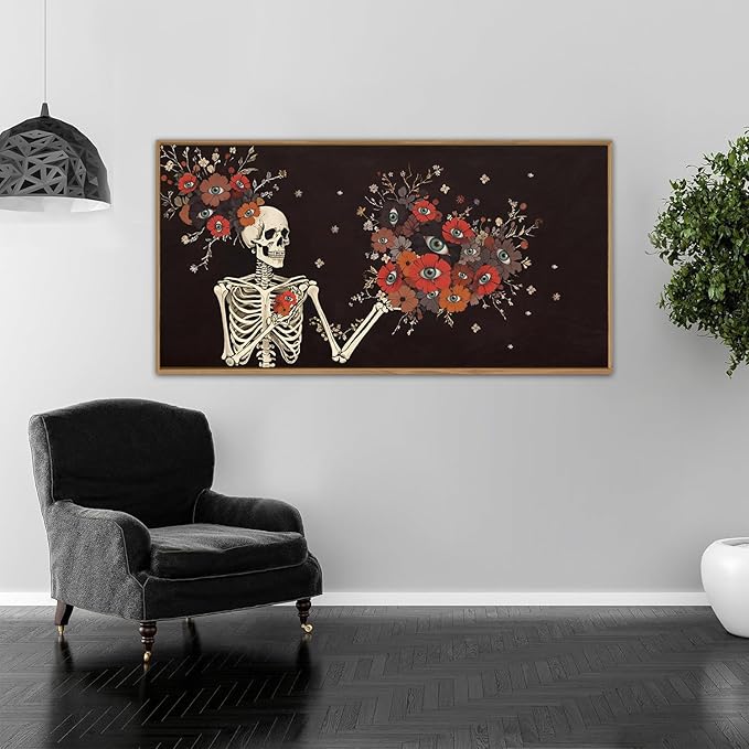 KAIRNE Halloween Skeleton Wall Art,Gothic Skull Canvas Set of 1(40”x20”),Romantic Spooky Floral Botanical Print,Scary Skull Painting,Horror Halloween Wall Art for Living Room Bedroom Goth Party Decor-Ruum Studio Home