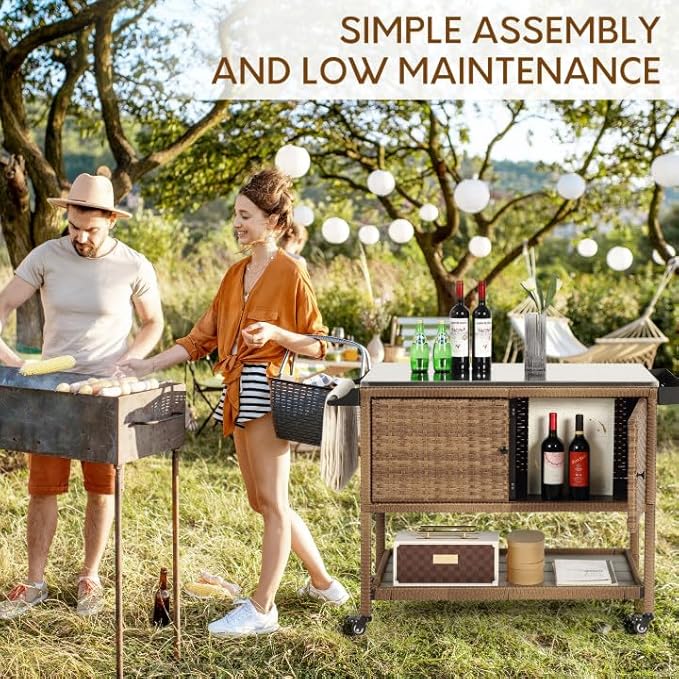 Wicker Outdoor Bar Cart with 4 Lockable Casters, Patio Prep Stainless Table with 2 Ratten Doors Storage Cabinet,Island Cart with WPC Shelf for Grill, Kitchen and Garden, Brown-Ruum Studio Home