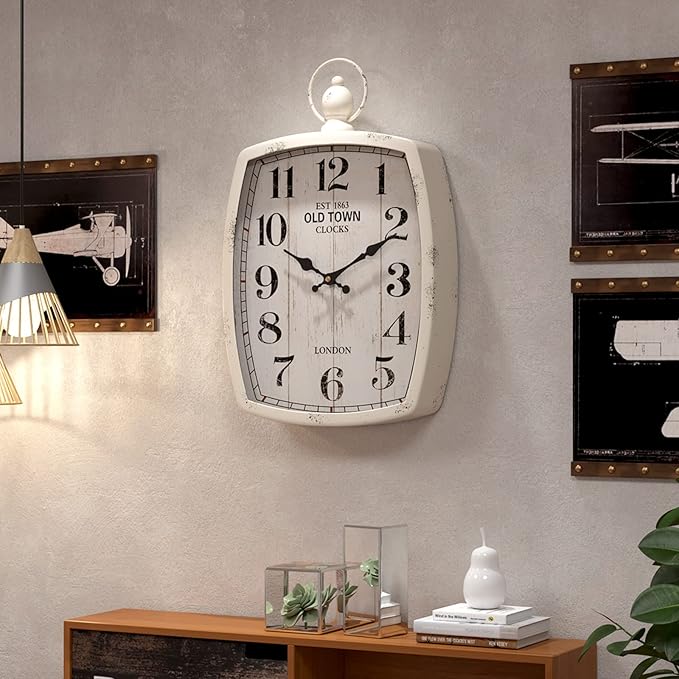 Menterry Rectangle Retro Large Wall Clock, Old-Fashioned Vintage Design, White Antique Style, Battery Operated Silent Decor Wall Clocks for Farmhouse,Kitchen,Office (15.5" H x 10.2" W)-Ruum Studio Home