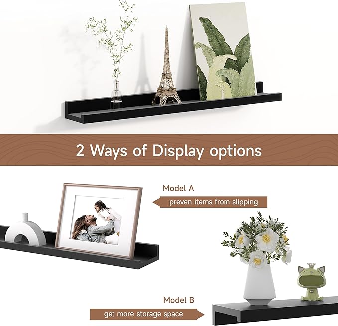 Picture Ledge Shelf for Wall, Floating Shelves Set of 4, 24 Inch Long Nursery Book Shelves for Toys Storage, Kids Bookshelf Wall Mounted for Books Photo Frames, Black-Ruum Studio Home