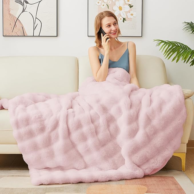 Latepis Faux Fur Twin Blanket Plush Light Pink 60x80 Inch Cute Fluffy Warm Bubble Blankets for Couch Bedroom Soft Blankets for All Seasons Cozy Blanket for Woman Gift, 860gsm-Ruum Studio Home