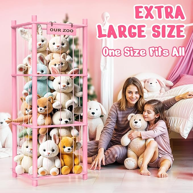 Stuffed Animal Storage & Organizer, Wooden Cute Zoo Toy Holder for Toddler Rooms, Playrooms & Bedrooms（Pink）-Ruum Studio Home