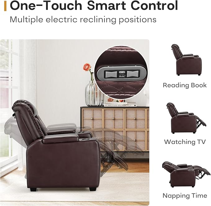 ANJ Power Home Theater Seating, PU Leather Electric Recliner Chair with Powered Headrest, Dual Motors Movie Reclining Chairs with LED Lights,USB Port, Cup Holders, Hidden Arm Storage (Brown)-Ruum Studio Home
