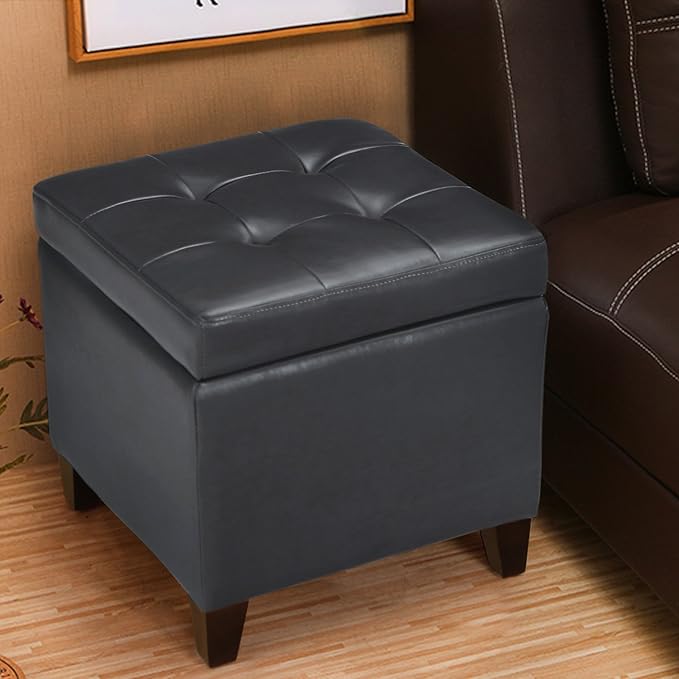 Adeco Bonded Leather Square Tufted Cubic Cube Storage Footstool, 18" Inch Ottomans & Storage Ottomans, With Lid, Dim Gray-Ruum Studio Home