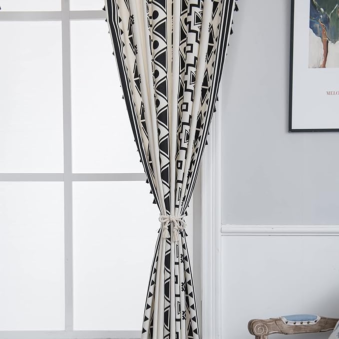 Sutuo Home Black and White Boho Curtain 84 Inches Length for Bedroom, Printed Cotton Linen Geometric Rod Pocket Chic Semi Blackout Bohemian Tassels Window Treatment, 1 Panel 59" W x 84" L-Ruum Studio Home