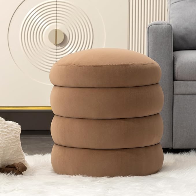 Furniliving Modern Round Ottoman, Soft Bedroom Ottoman Footstool Round Ottomans Stool for Living Room, Makeup Room, Coffee, Velvet-Ruum Studio Home