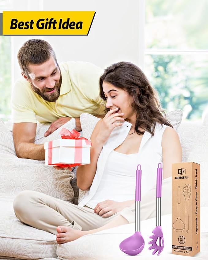 Silicone Pasta Fork and Ladle Spoon Set, Large Non Stick Kitchen Utensils for Cooking,Stirring,Serving Spaghetti, Soup, Sauce (PURPLE)-Ruum Studio Home