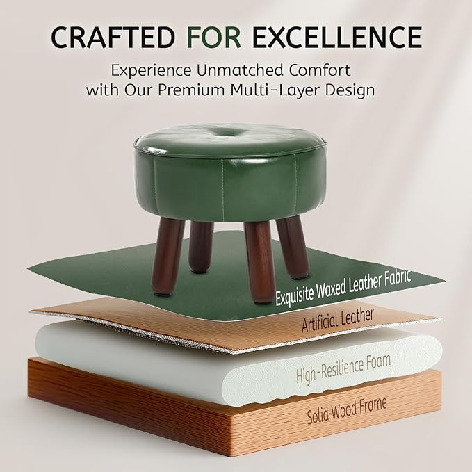 13in Small Foot Stool Ottoman, Round Faux Leather Foot Rest for Couch, Under Desk Pouf Footstool Footrest with Non-Skid Rubber Legs for Ling Room, Bedroom, 13''L x 13''W x 10.2''H, Green-Ruum Studio Home