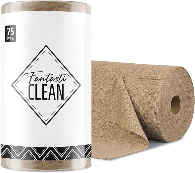 Fantasticlean Microfiber Cleaning Cloth Roll -75 Pack, Tear Away Microfiber Towels, 12" x 12", Reusable, Washable, Scratch Free, Ultra Absorbent Dish Rags for Car, Home, Garage or Shop (TAN)-Ruum Studio Home