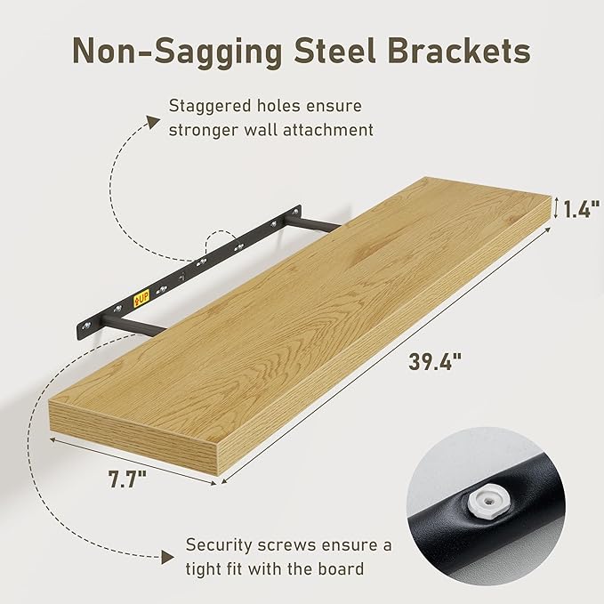 Floating Shelves Wall Shelf 40 Inch, 8 Inch Deep Floating Shelf for Wall, Farmhouse Black Wood Shelves Invisible Bracket for Living Room, Bedroom, Kitchen, 40 x 8 x 1.4 Inch, Set of 2, Oak Color-Ruum Studio Home