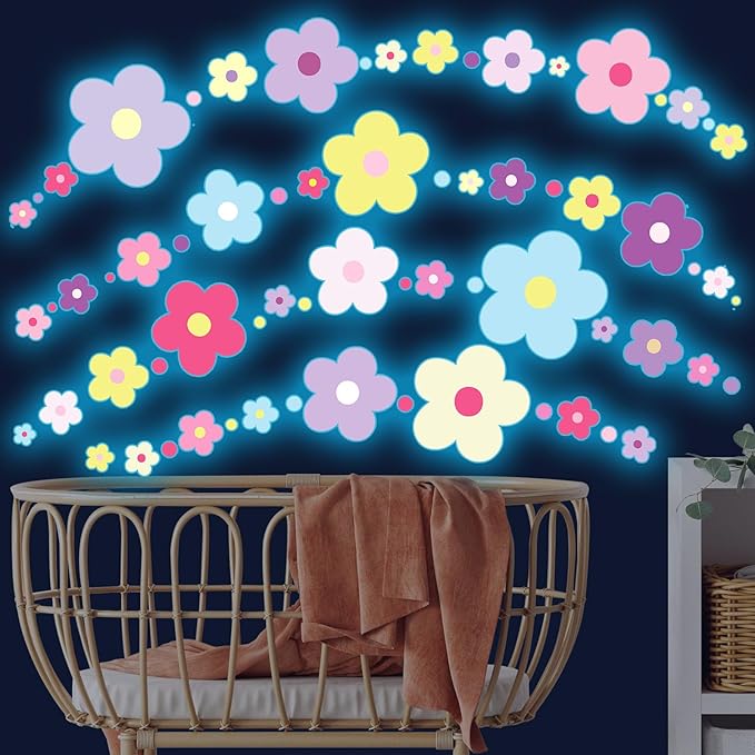 Glow in The Dark Y2k Cute Flowers Wall Decals，Glowing Luminous Colorful Floral Wall Stickers Colorful Removable self-Adhesive Preppy Hippie Stickers for Girls Bedroom-Ruum Studio Home