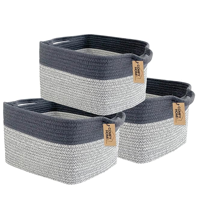 COMFY-HOMI 3Pack Cotton Rope Square Basket with Handles for Shelves|Dog Toy Storage Bin|Shoe Organizer - New 13.5" x 11" x 9.5" (Light Grey)-Ruum Studio Home