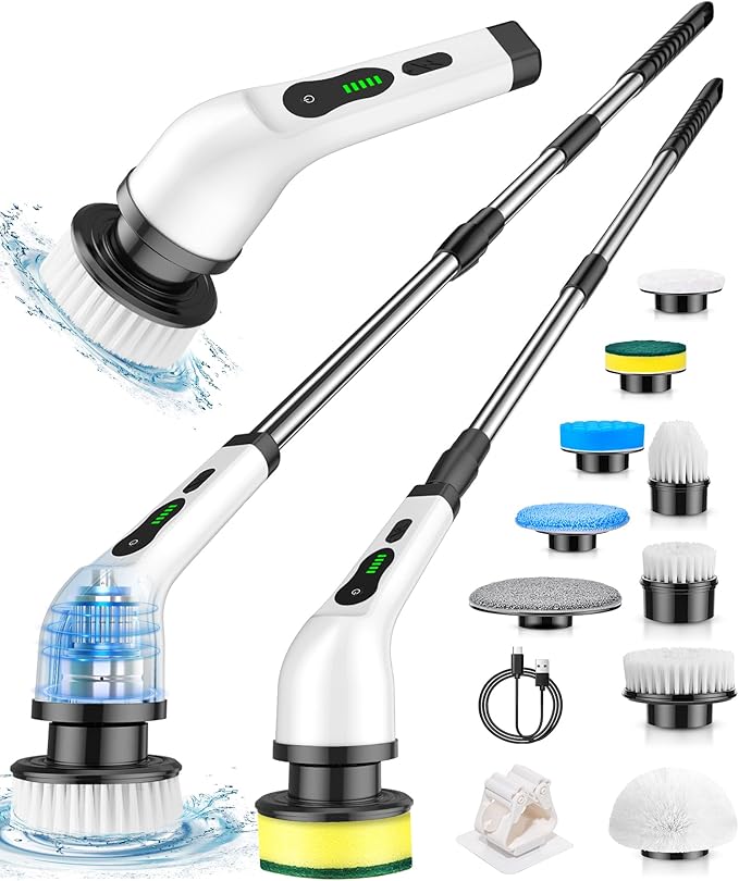 Electric Spin Scrubber, Cordless Shower Scrubber Rotary Floor Brushes & Pad Drivers with 9 Brush Heads - 2H Dual Speed, IPX7 Waterproof Extension Handle for Bathroom Tile Car Cleaning, Whtie-Q-Ruum Studio Home