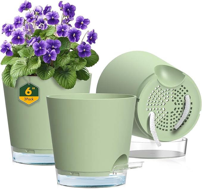 6 inch Self Watering Pots for Indoor Outdoor Plants, 3 Pack Flower Plant Pots with Drainage Holes and Clear Reservoirs, Visible Water Level, Plastic Planters with Wicking Rope, Green-Ruum Studio Home