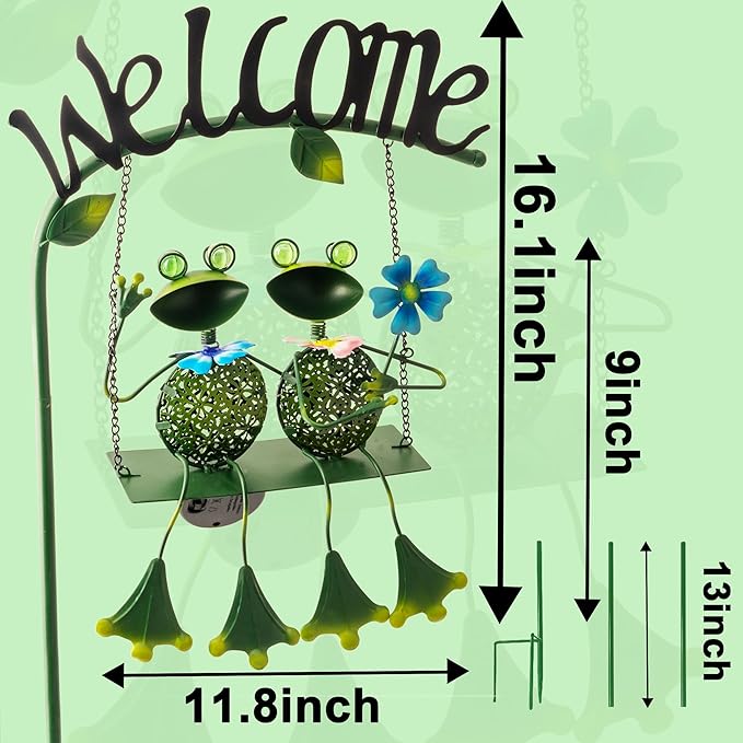 Frog Solar Light Garden Outdoor Decoration Swing Metal Stake Lamp with Welcome Sign Waterproof Patio Yard Decor Gifts-48 inch-Ruum Studio Home