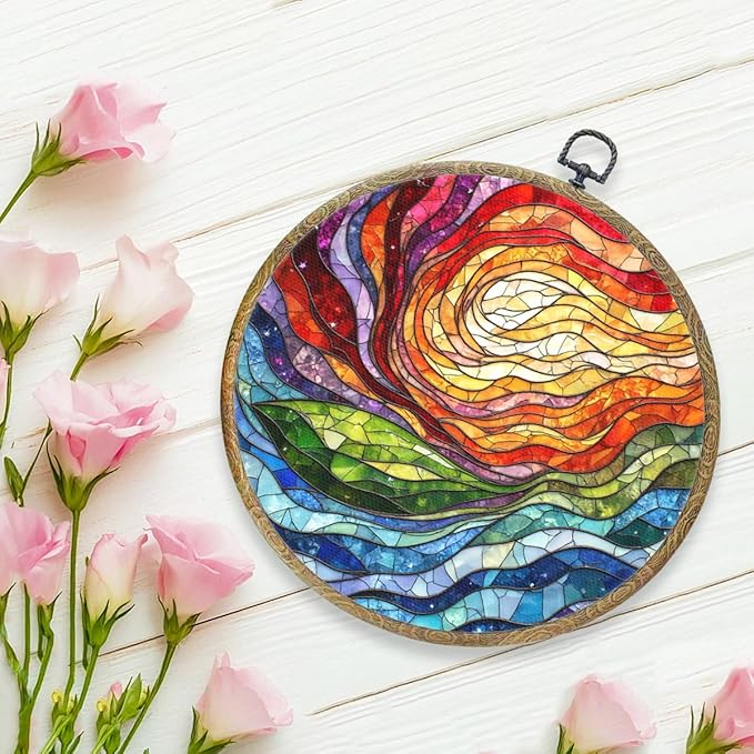 Colorful Boho Rainbow Geometric Spiral Sun Art Gift Framed Round Wall Decor Canvas Wall Art Hanging Prints Artwork for Home Office Bathroom Bedroom Living Room Decorations 10.2X10.2 Inch-Ruum Studio Home