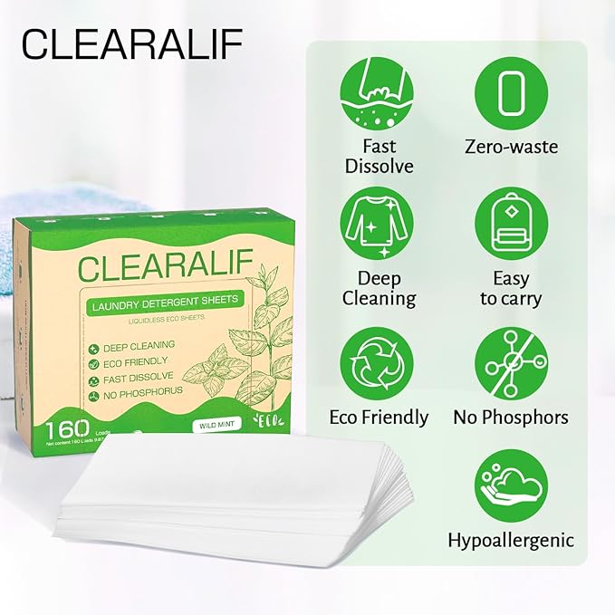 Laundry Detergent Sheets Up to 160 Loads, Wild Mint - Great For Travel,Apartments, Dorms,CLEARALIF Laundry Detergent Strips Eco Friendly & Hypoallergenic - 80 Sheets-Ruum Studio Home