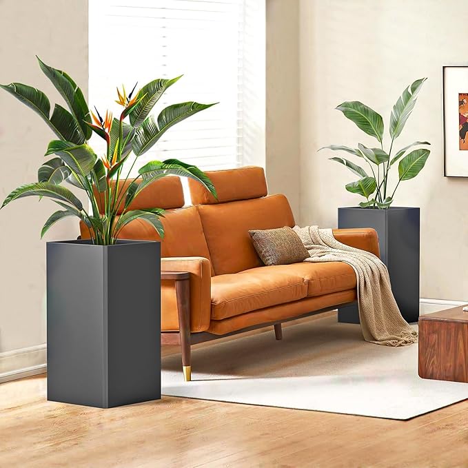 Modern Metal Planter Black – 28” Tall with Removable Insert Shelf | Heavy-Duty Outdoor & Indoor Planter Box for Patio, Porch, Garden (14x14x28in)-Ruum Studio Home