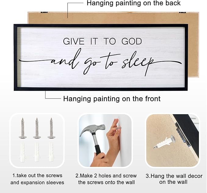 Give It to God and Go to Sleep Decorative Rustic Sign & Plaque Framed Wall Art for Couples, 40''×15'' Cottagecore Wooden Horizontal Wall Decor Above Bed, Vintage Farmhouse Wedding Gift for Bedroom-Ruum Studio Home