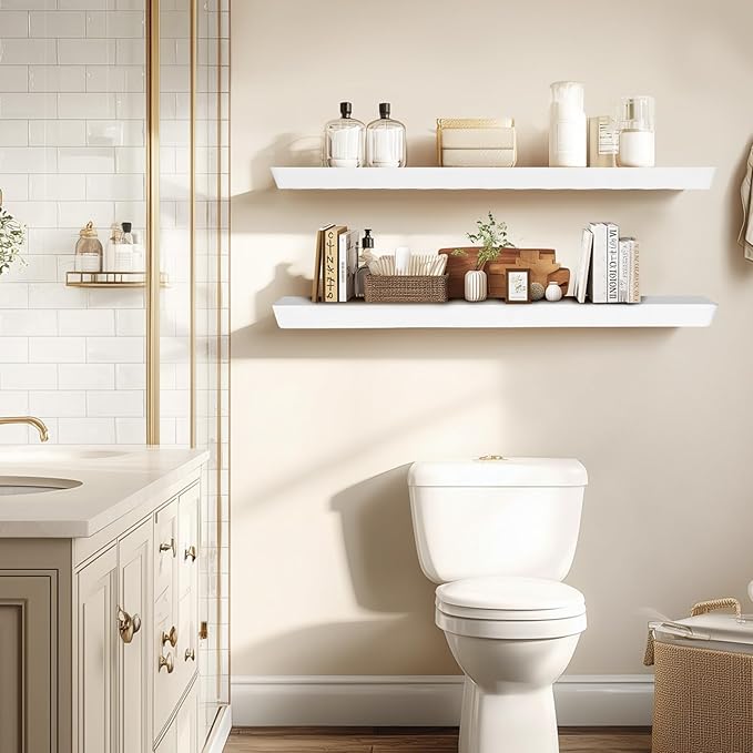 36"x6.8"x1.6" Slanted Floating Wall Shelves 2-Pack - Rustic White Finish, Heavy-Duty Solid Wood Design with Hidden Brackets - Perfect for Living Room, Kitchen, Bathroom, or Office-Ruum Studio Home