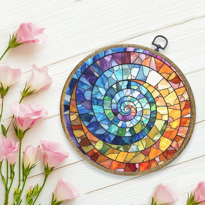 Colorful Boho Rainbow Geometric Spiral Sun Art Gift Framed Round Wall Decor Canvas Wall Art Hanging Prints Artwork for Home Office Porch Nursery Bedroom Living Room Decorations 10.2X10.2 Inch-Ruum Studio Home
