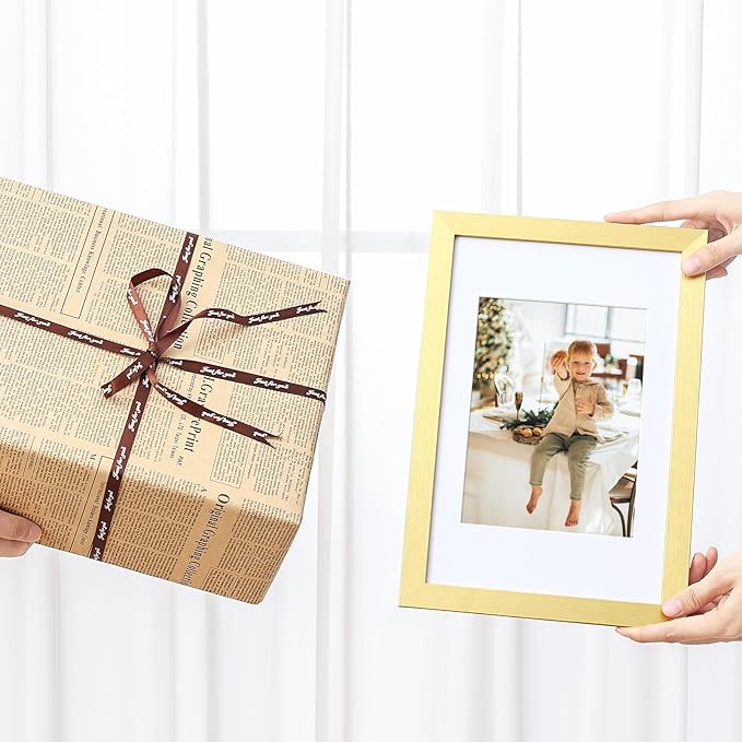 Vittanly 8x12 Picture Frames Set of 9, Shatter Resistant Plexiglass, Display 6x8 Pictures with Mat or 8x12 without Mat, Photo Frames for Wall or Tabletop, Engineered Wood, Gold-Ruum Studio Home