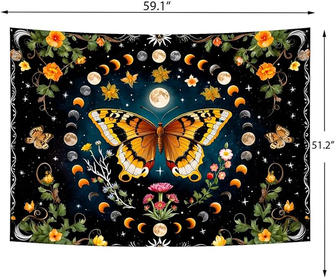 Delur Butterfly Moon Flower Tapestry Botanical Floral Plant Boho Tapestry Wall Hanging Mandala Aesthetic Mushroom Retro Vintage Headboard for Bedroom Living Room Home Decor (51.2" x 59.1")-Ruum Studio Home
