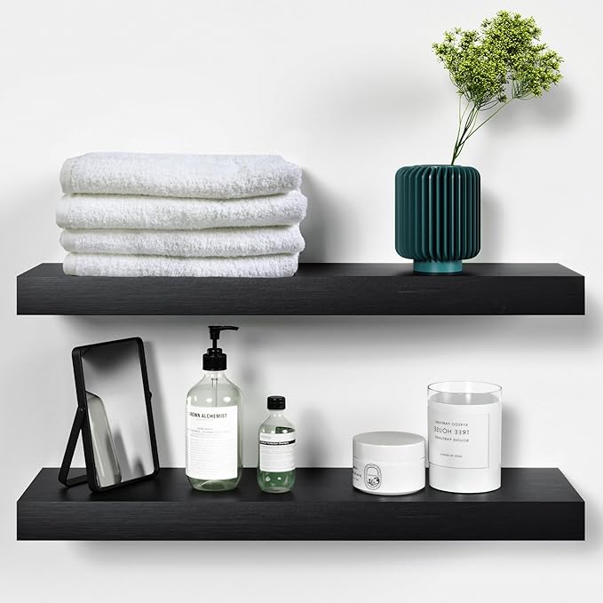 Homeforia Black Floating Shelves 24 inch, High End Solid Real Wood 24inch Bathroom Floating Shelf for Wall Mounted, Black Wooden 24in Floating Shelves, Heavy Duty Bracket, 24 X 6.5 X 1.75 in, Set of 2-Ruum Studio Home