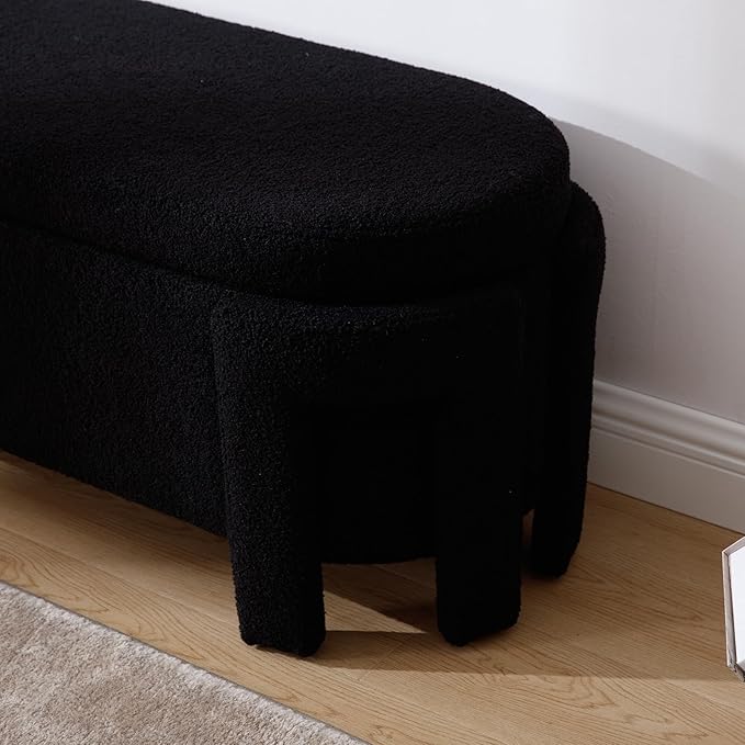 Modern Upholstered Storage Bench, Sherpa Fabric 50" Long Entryway Bench with Storage and Seating, Comfy Cute Ottoman Bench for Living Room/End of Bed/Hallway, Black-Ruum Studio Home