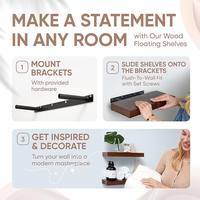 Homeforia Walnut 12 inch Floating Shelf, High End Solid Real Wood Small 12inch Floating Shelves for Wall Mounted, Dark Brown 12in Floating Shelves, Heavy Duty Bracket, 12 X 6.5 X 1.75 inches, Set of 3-Ruum Studio Home