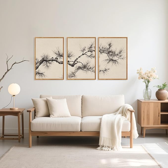 HPNIUB Vintage Sketch Pine Tree Framed Canvas Wall Art Set, Brown Antique Tree Branch Wall Decor, Nature Botanical Art Print, Modern Landscape Pictures for Living Room, Bedroom, Office- 16 x24 x3-Ruum Studio Home