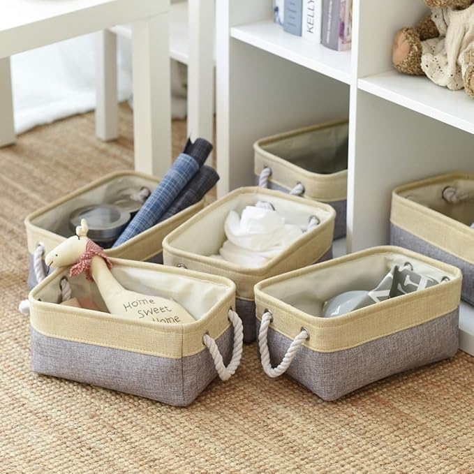 Fabric Storage Baskets for Organizing(6 Pack) Small Baskets for Shelves,storage, Laundry, Nursery, Closets, Decorative Baskets for Gifts Empty (Grey & gold, 11.8” x 7.8” x 5.1”)-Ruum Studio Home