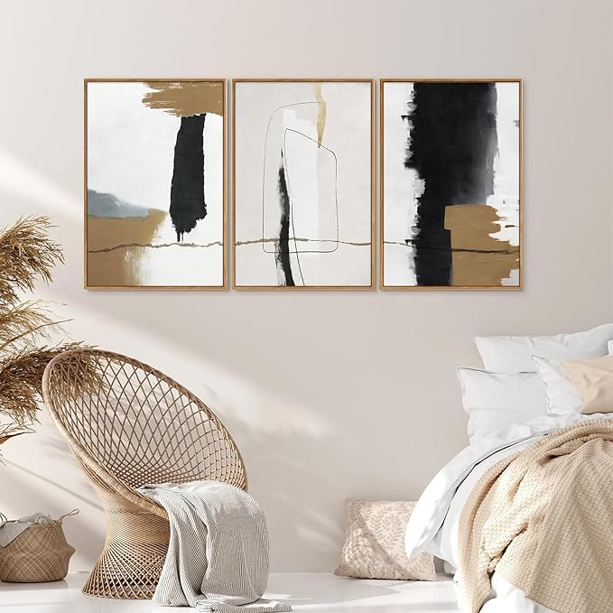 SIGNINART Black and White Abstract Framed Canvas Wall Art Set of 3, Beige Neutral Art Prints, Minimalist Modern Wall Decor for Living Room, Bedroom, Office,Above Couch 16"x24"x3-Ruum Studio Home