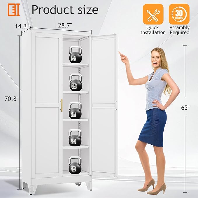 71" Tall Metal Pantry Storage Cabinet with Doors and 4 Adjustable Shelves, White Kitchen Food Pantry Cabinets, Tall Freestanding Cupboard for Kitchen, Dining Room or Living Room-Ruum Studio Home