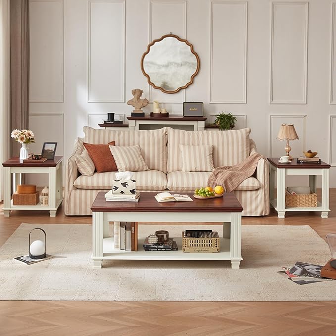 Farmhouse Coffee Tables for Living Room,Square Tea Table with Open Storage Shelf,Large Coffee Table,Rustic Wooden Center Table,White-Ruum Studio Home