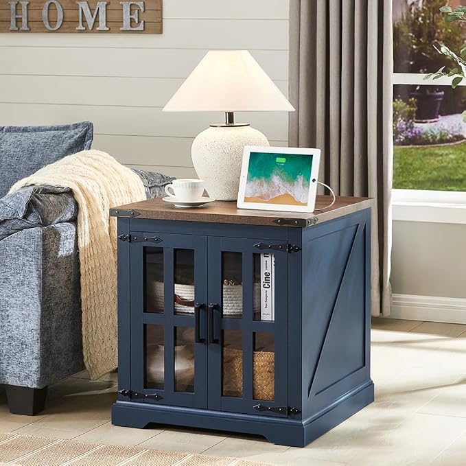 Farmhouse End Table with Charging Station,24" Large Sofa Side Table with Glass Barn Door, Rustic Wood Nightstand Bedside Table with Adjustable Storage Shelf for Living Room, Bedroom, Blue-Ruum Studio Home