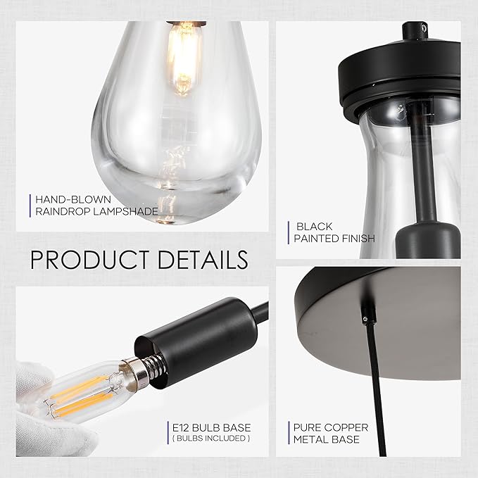 5-Light Raindrop Pendant Light Fixtures, Black Glass Pendant Lighting, Teardrops Modern Hanging Light for Entryway Foyer Kitchen Island Dining Living Room Hallway-Ruum Studio Home