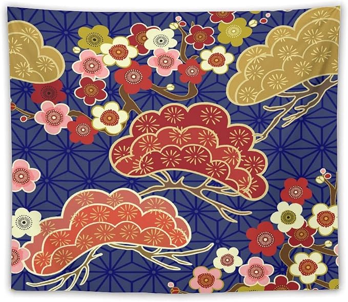HZOHNAGO Japanese Tapestry Art Abstract Colorful Cherry Blossom Blue Background Pattern Printed Wall Tapestry Painting Wall Hanging for Bedroom Living Room Dorm 60" W x 50" H-Ruum Studio Home