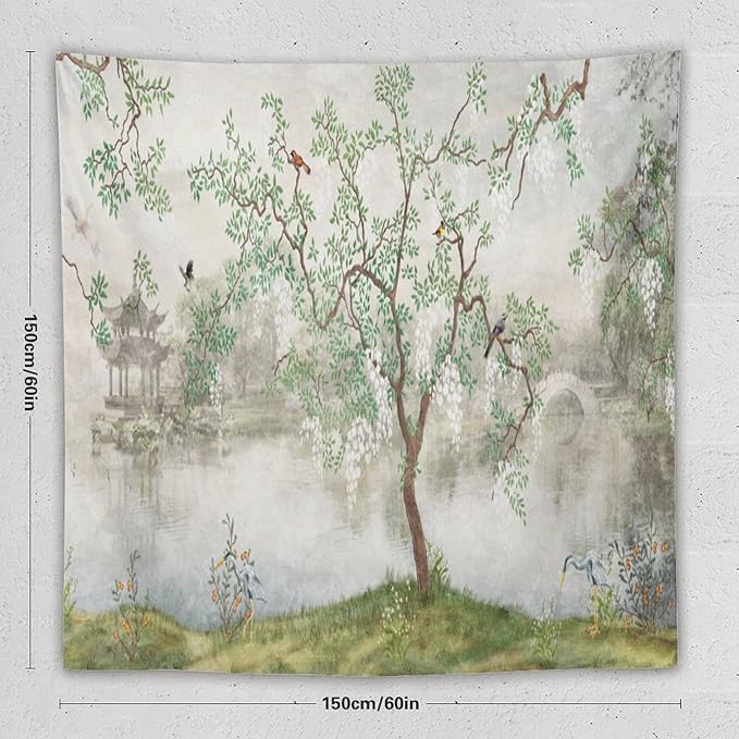HZOHNAGO Japanese Tapestry Tree Misty Garden Lake Printed Wall Tapestry Ink Painting Wall Hanging for Bedroom Living Room Dorm 60" W x 60" H-Ruum Studio Home