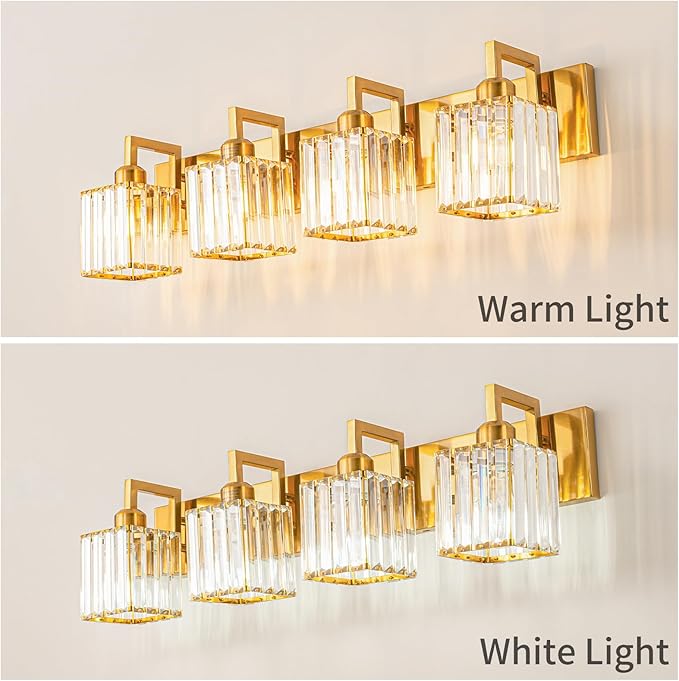 Modern Crystal Bathroom Vanity Light - 4-Lights Gold Brushed Brass Finish Wall Lamp-Ruum Studio Home