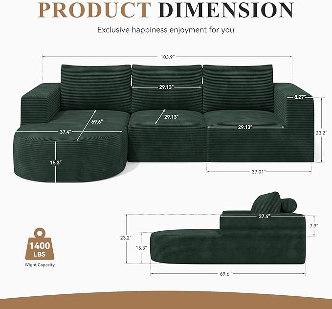 Modular Sectional Sofa with L-Shape Chaise,Cloud Sectional Modern Sleeper Couch with Deep Seat,Sponge Compression Sofas No Assembly Required (Green-Corduroy Fabric) 1PCS-Ruum Studio Home